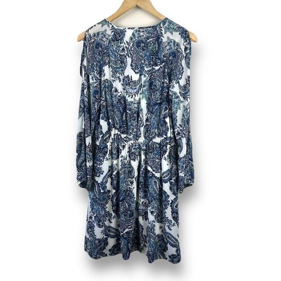 DR2 Women's M Long Sleeve Cold Shoulder Dress Blue Paisley Bohemian Western‎ - Picture 2 of 12